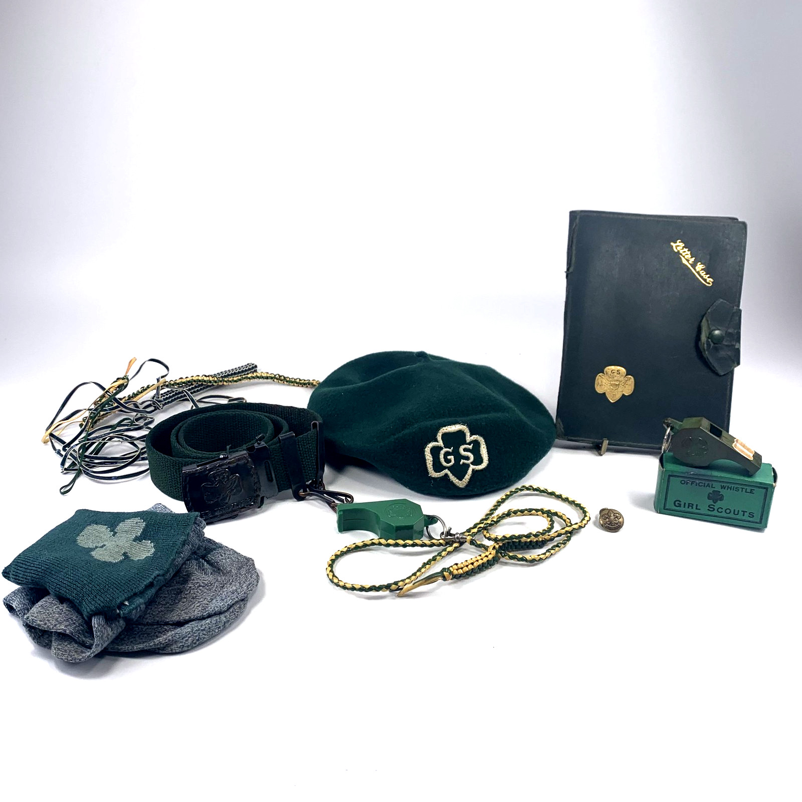 Vintage 1940s Girl Scout Lot Beret Whistles Letter Case Socks Accessories