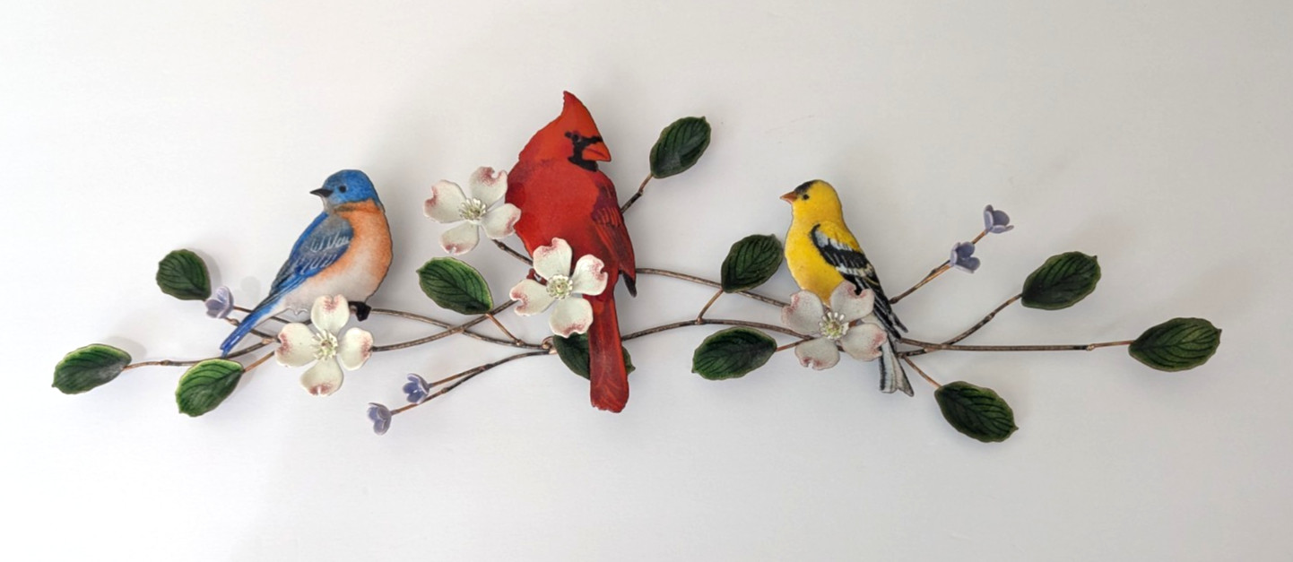 Bovano of Cheshire Enamel Bird Wall Sculpture Bluebird, Cardinal & Goldfinch 21\