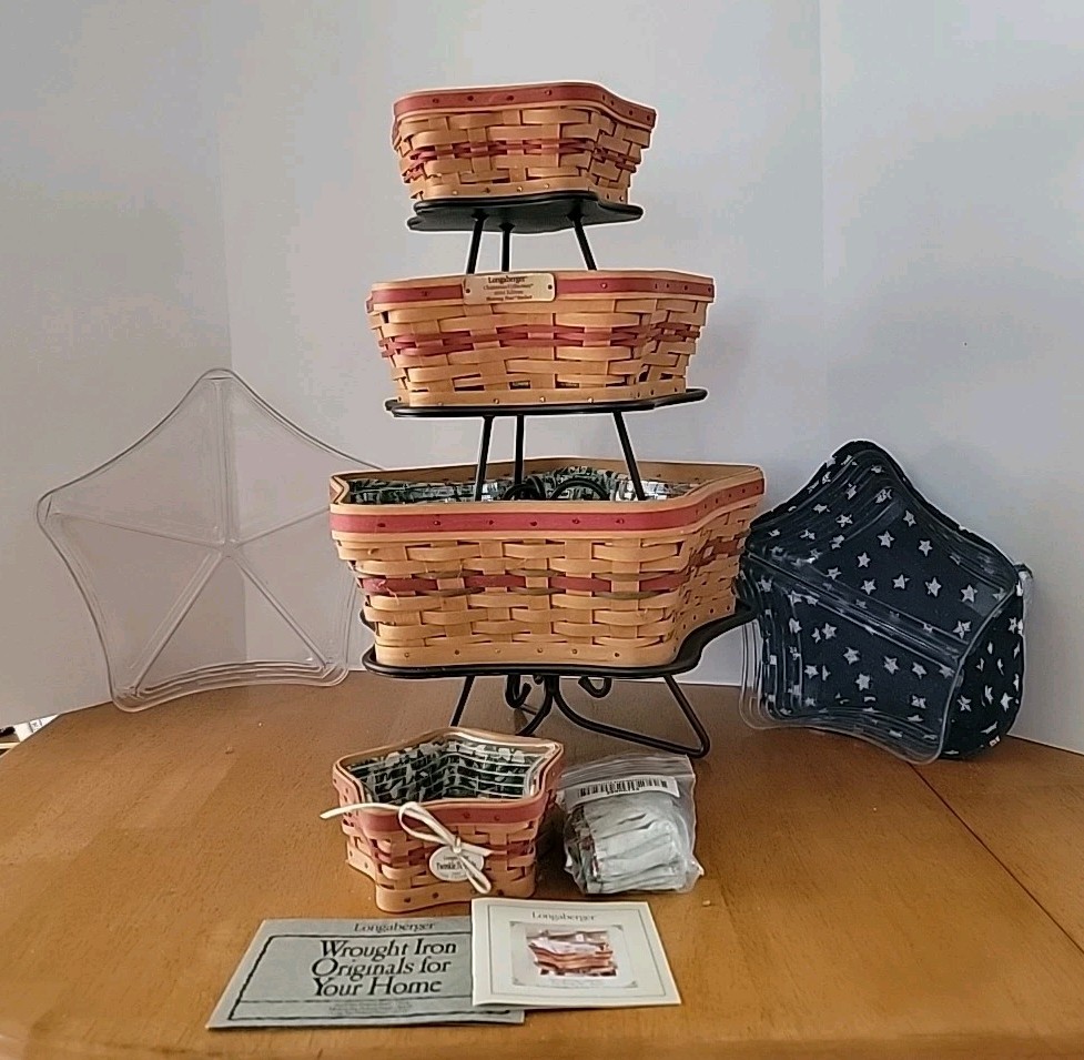(4) 2001 Longaberger Shining Star Baskets, Liners, Protectors, (3) Stands,Extras
