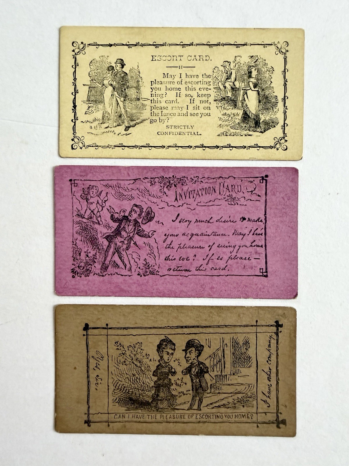 Lot Of 3 Antique Victorian Acquaintance Escort Cards, Love Courting Flirtation