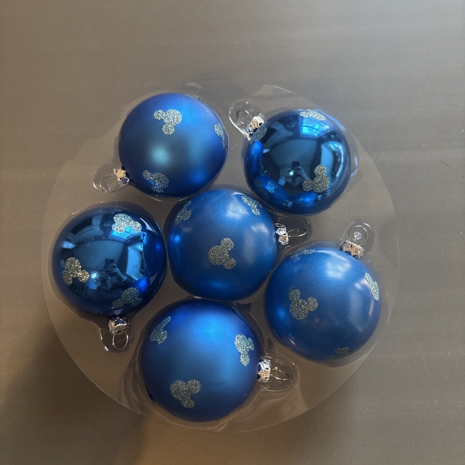 Vintage Disney Parks Blue Ball Silver Glitter Mickey Ears Christmas Ornaments 