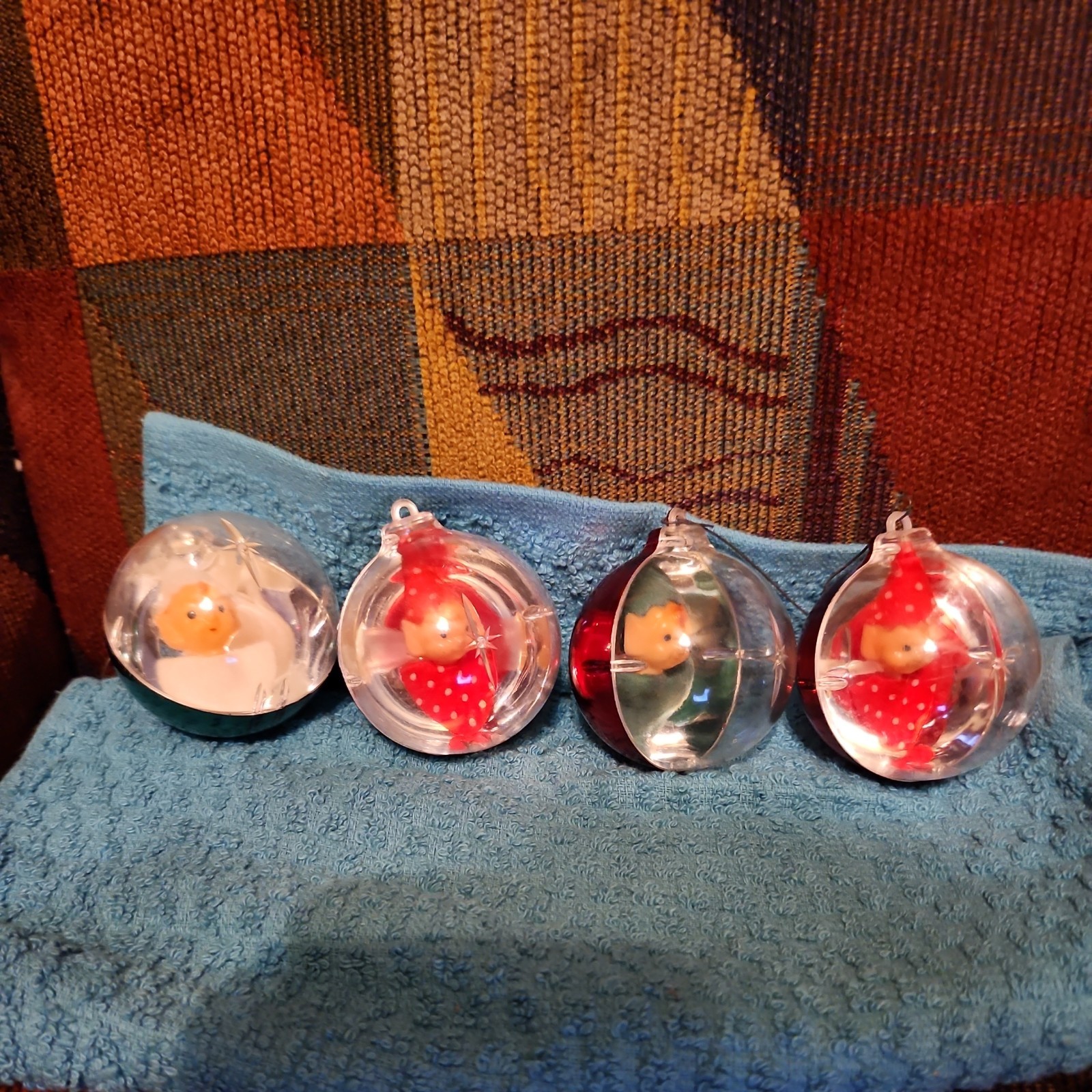 4 Vintage 1960s Jewel Brite 3-D Christmas Diorama Ornaments Pixies Elf