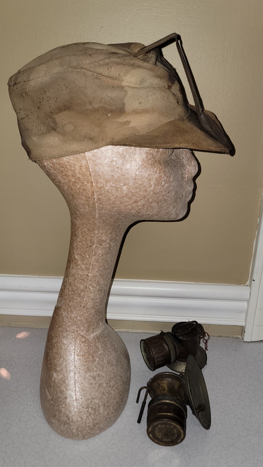 Antique Vintage Cloth Coal Miner Hat + 2 Carbide Lamps