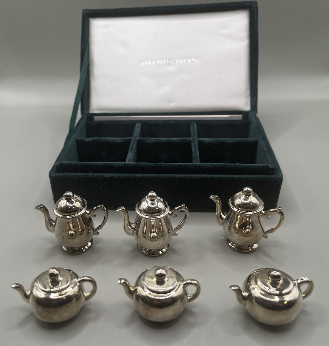 Saks Fifth Avenue Silverplate Teapot Place Name Card Holders • Boxed Set of 6