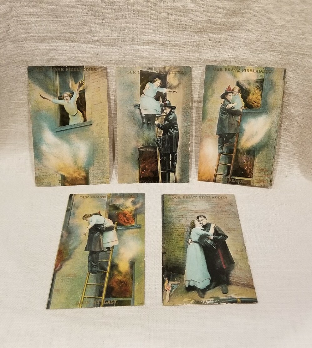 Antique UNUSED Postcards 'Our Brave Fireladdies' Complete Set Of 5