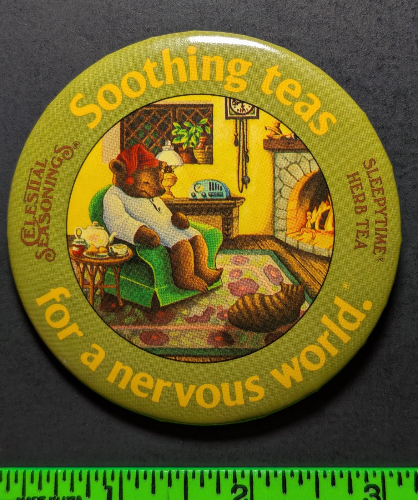 Vintage Celestial Tea Bear Sleeping Nervous World Pinback Pin