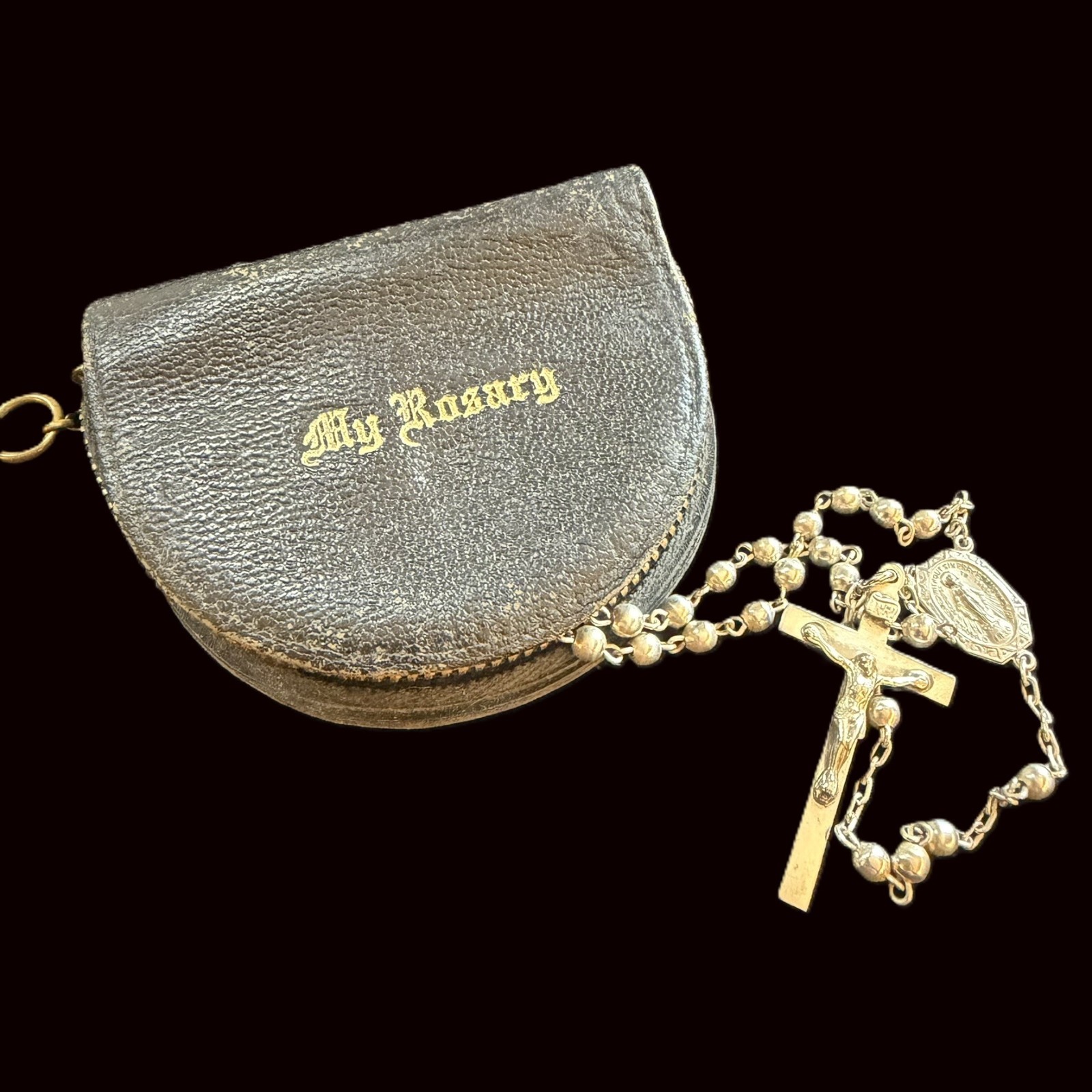 Vintage All Sterling Silver 17 Inch Catholic Rosary with Leather Case