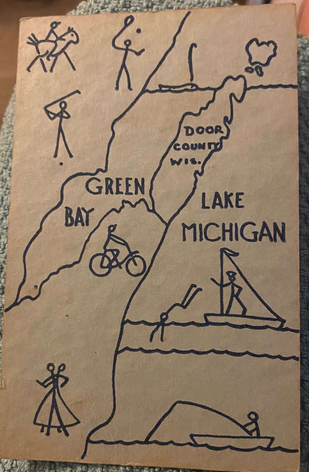 Vintage 1936 Door County WI Map Postcard Ephraim Wis Postmark Lake Michigan Art