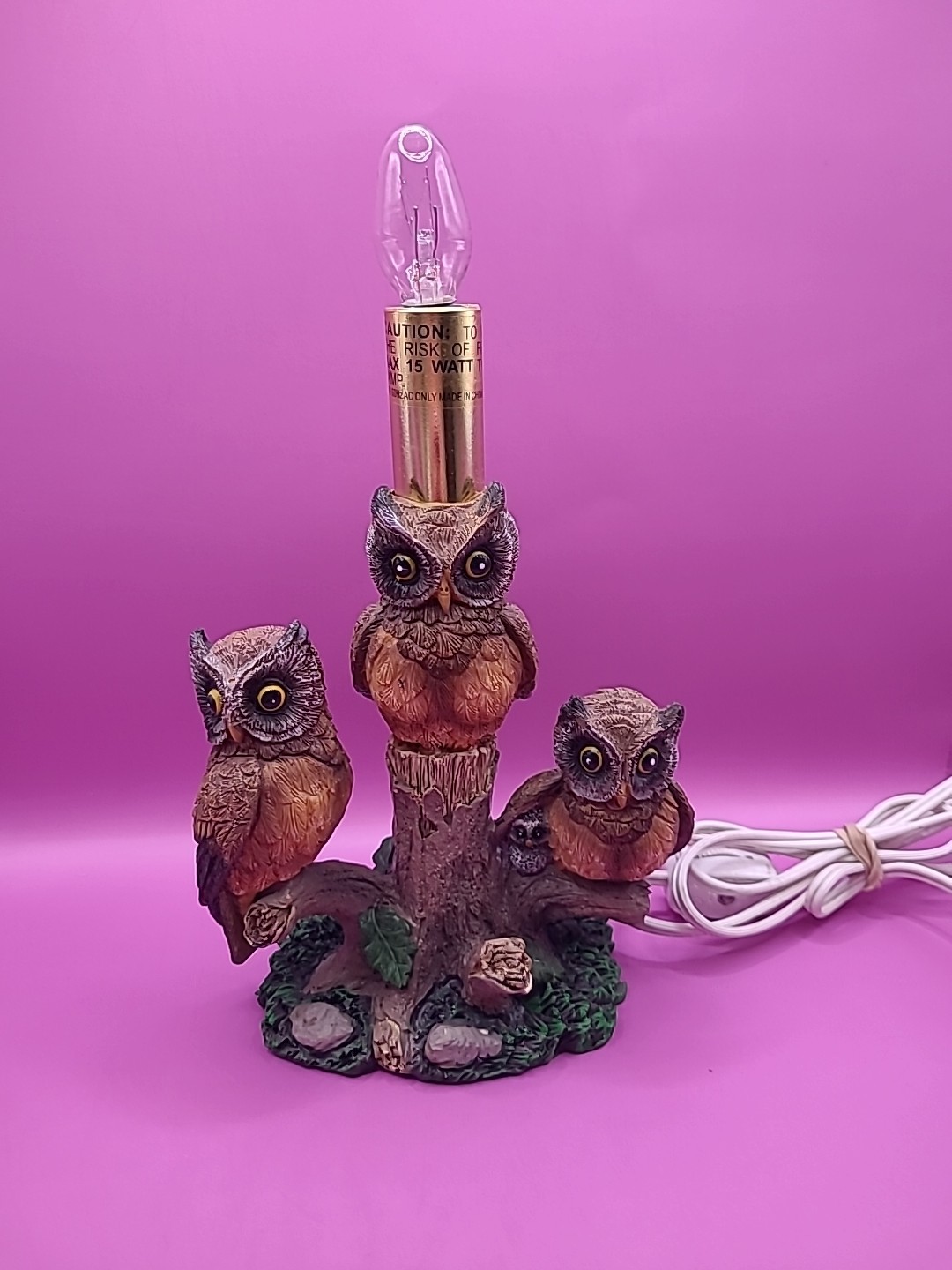 Vintage Mid Century 1970\'s 3 Owls on Tree Branch Table Lamp Works