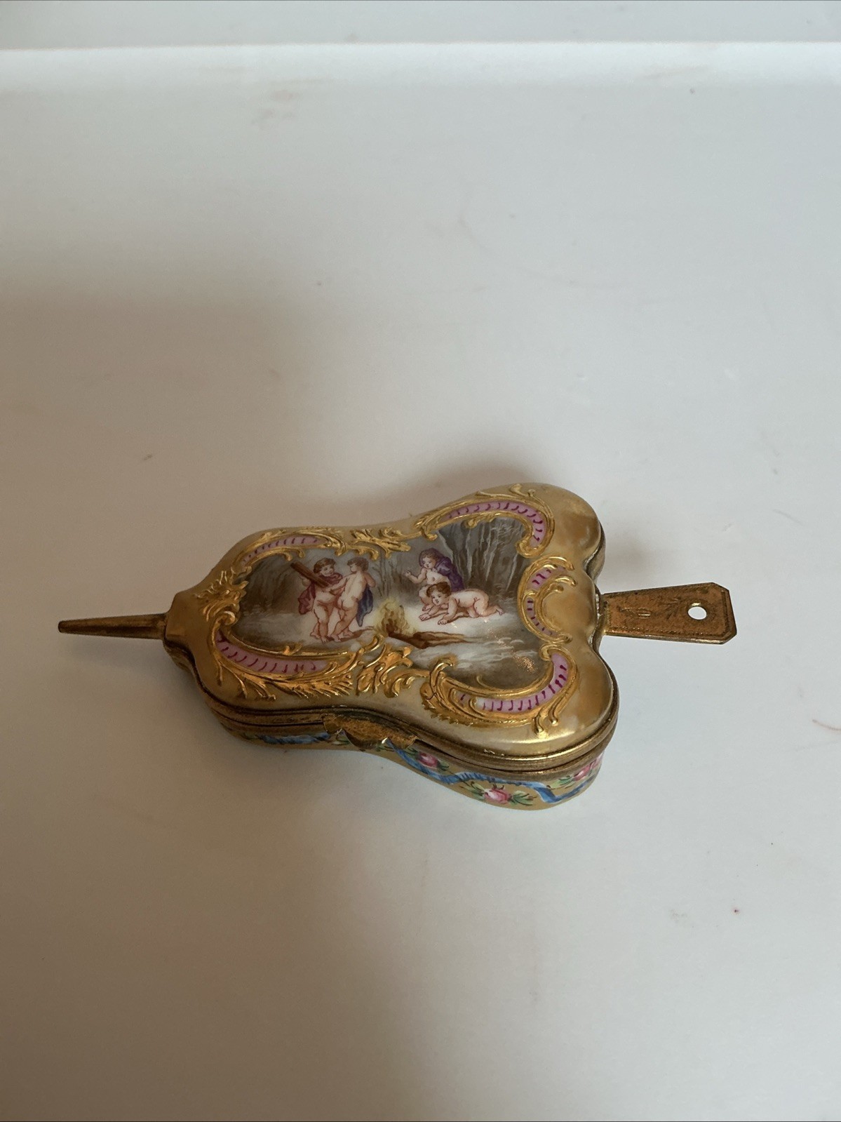 Antique French Porcelain Bellows Box Hand Painted Cherubs Putti Gilt Ormolu