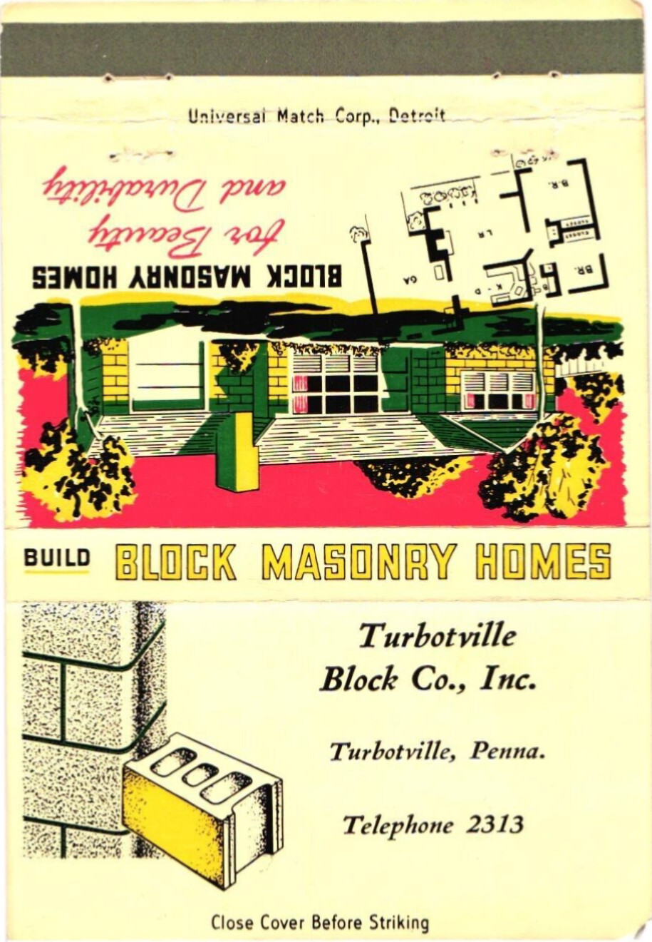 Turbotville Block Co. Inc. Turbotville PA Vintage Matchbook Cover 1940s-50s