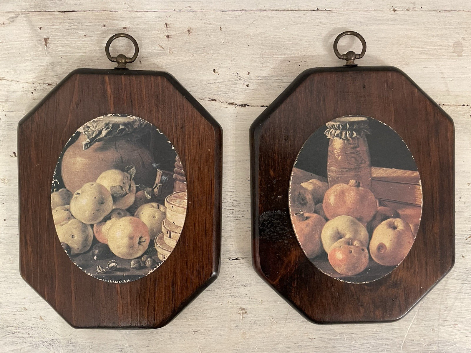 2 Vtg Dark Wood Plaques Still Life Prints Wall Hanging Rustic Farmhouse 1970’s