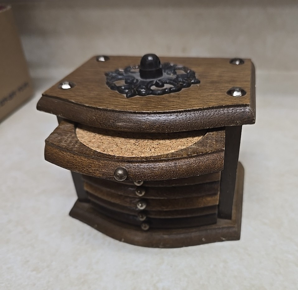 Vtg MCM 8-Pcs Wood and Cork Hardwood Retro Drink Caddy Coaster Set