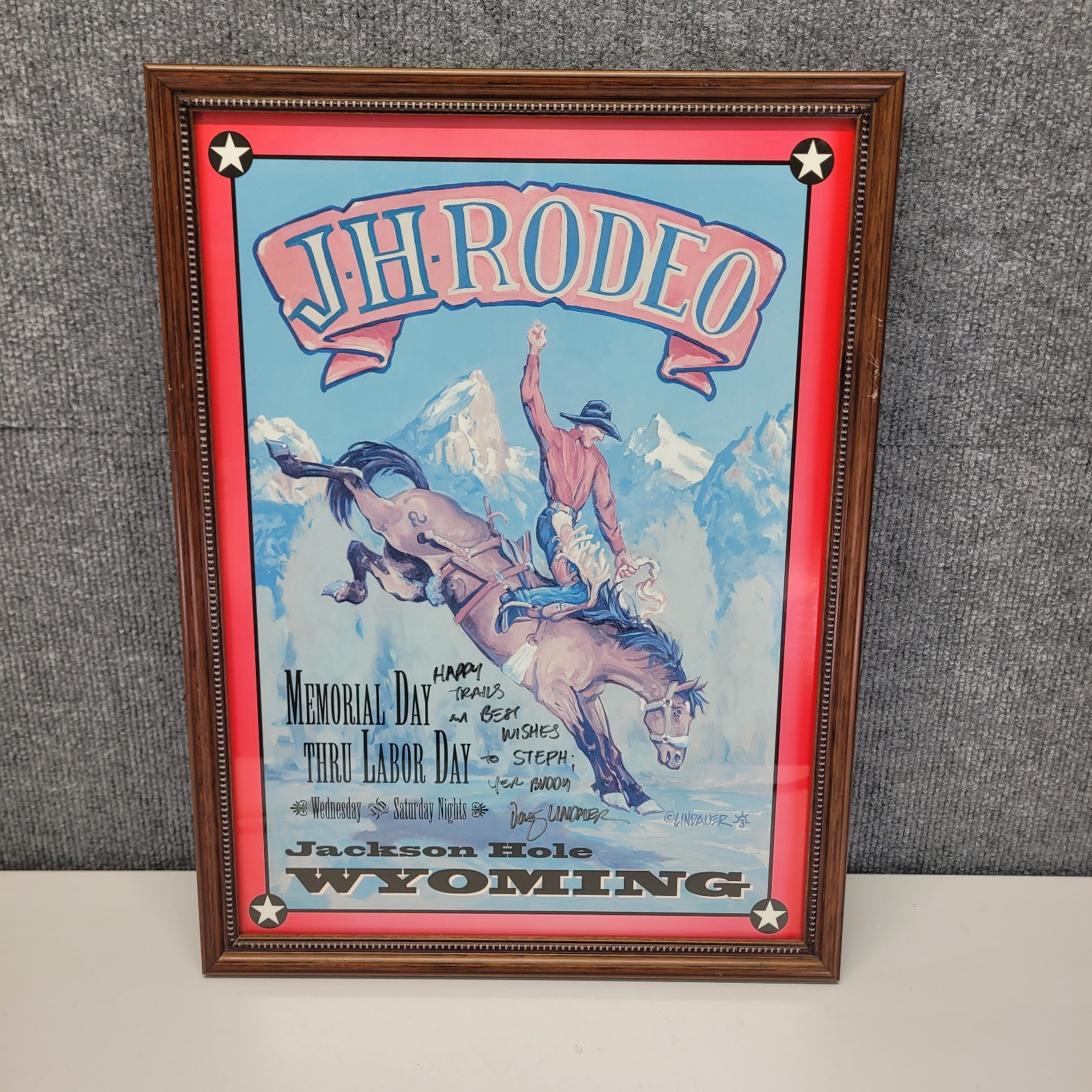 Vintage Doug Lindauer Signed Jackson Hole Rodeo Framed Poster Print Wyoming Art