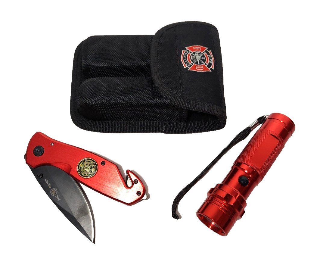 Firefighter FD Survival Knife & Flashlight Set w/Tactical Nylon Case Belt Pouch