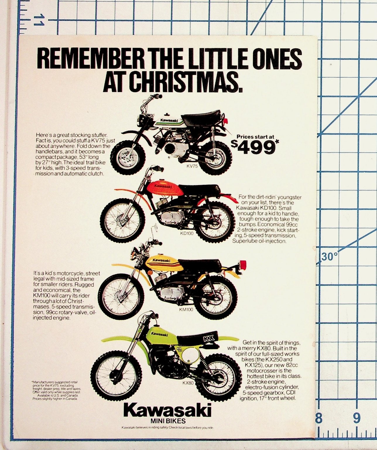 Vintage Kawasaki Mini Bikes Christmas Ad KV75 KD100 KM100 KX80 Motorcycle Print