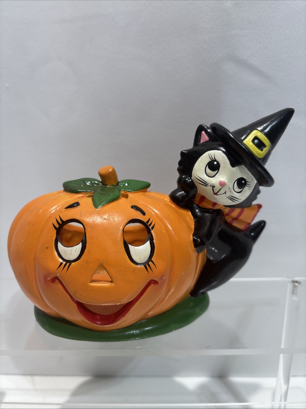 Vtg 1985 Geo Z Lefton Halloween Black Cat & Pumpkin Jack O Lantern Candle Holder