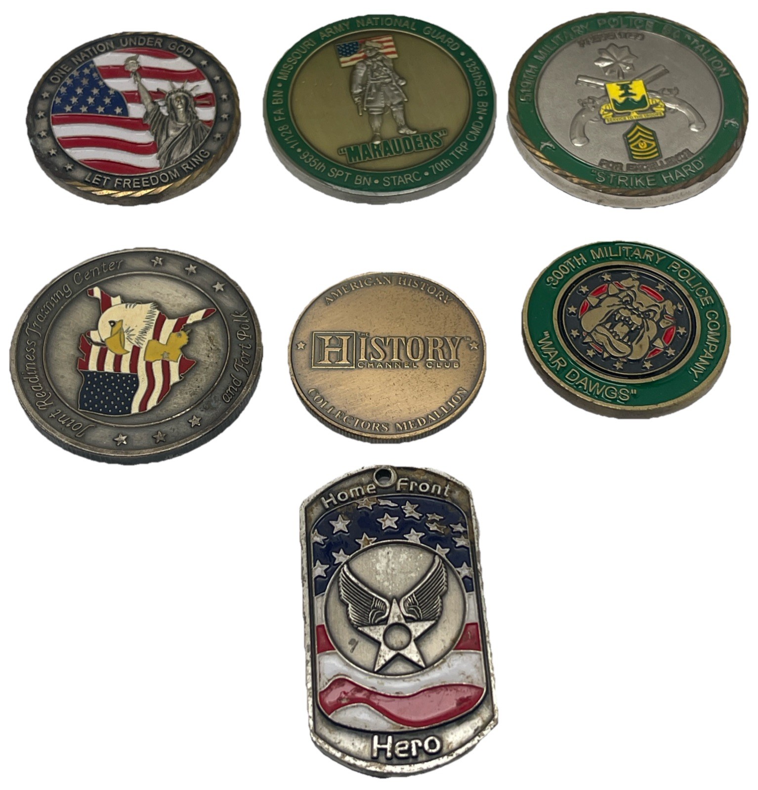 LOT OF 6 DIFFERENT MILITARY RELATED CHALLENGE COINS And Pendant