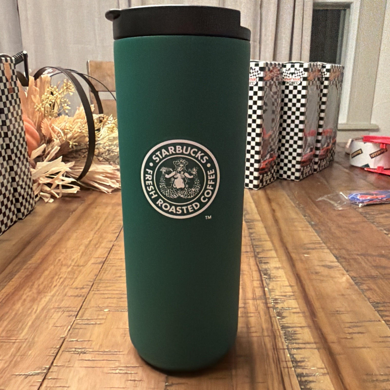Vintage Starbucks Green Tumbler Fresh Roasted Coffee Logo Reusable Travel Cup