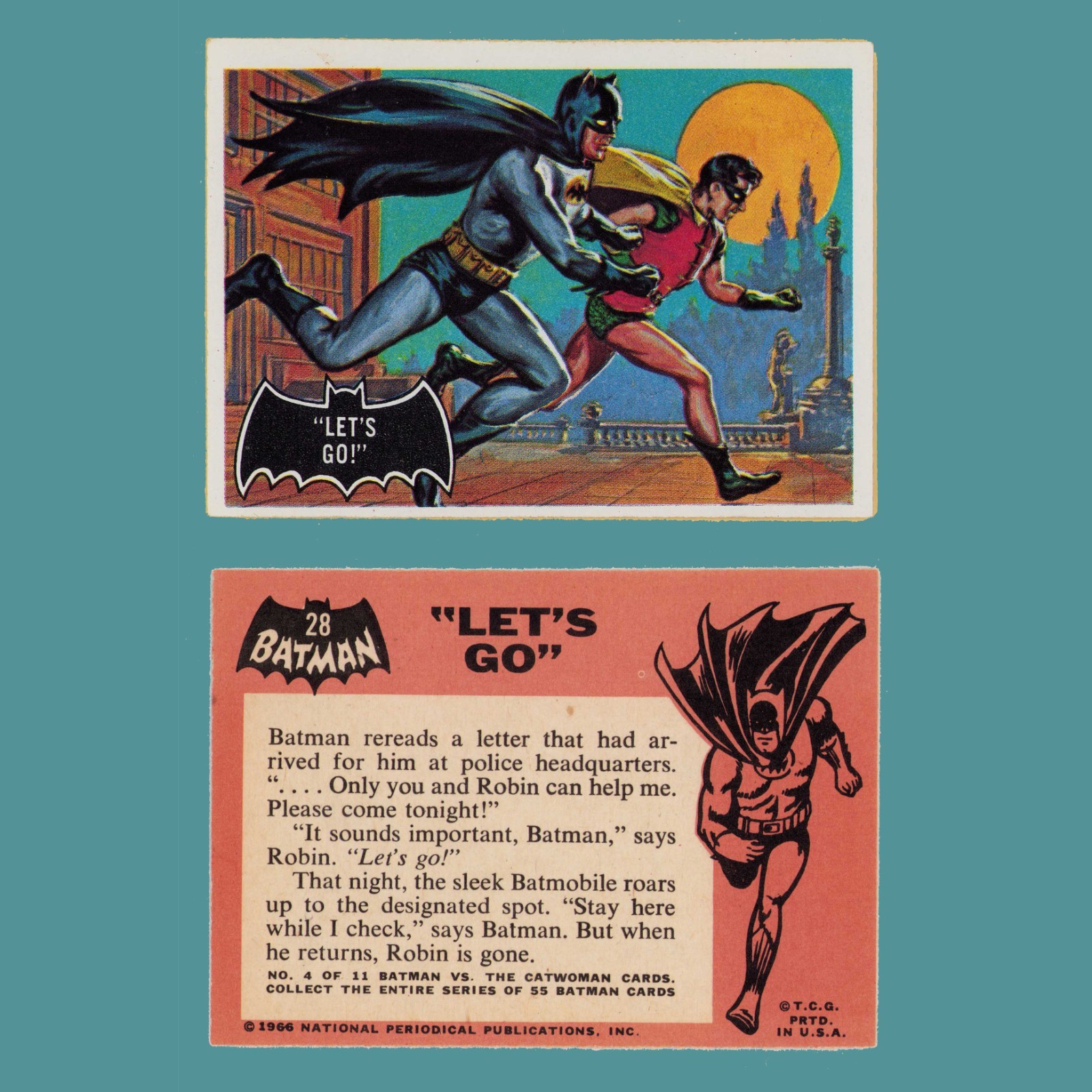 Original 1966 Topps Batman & Robin • Black Bat Logo • Card # 28 • Let\'s Go NM