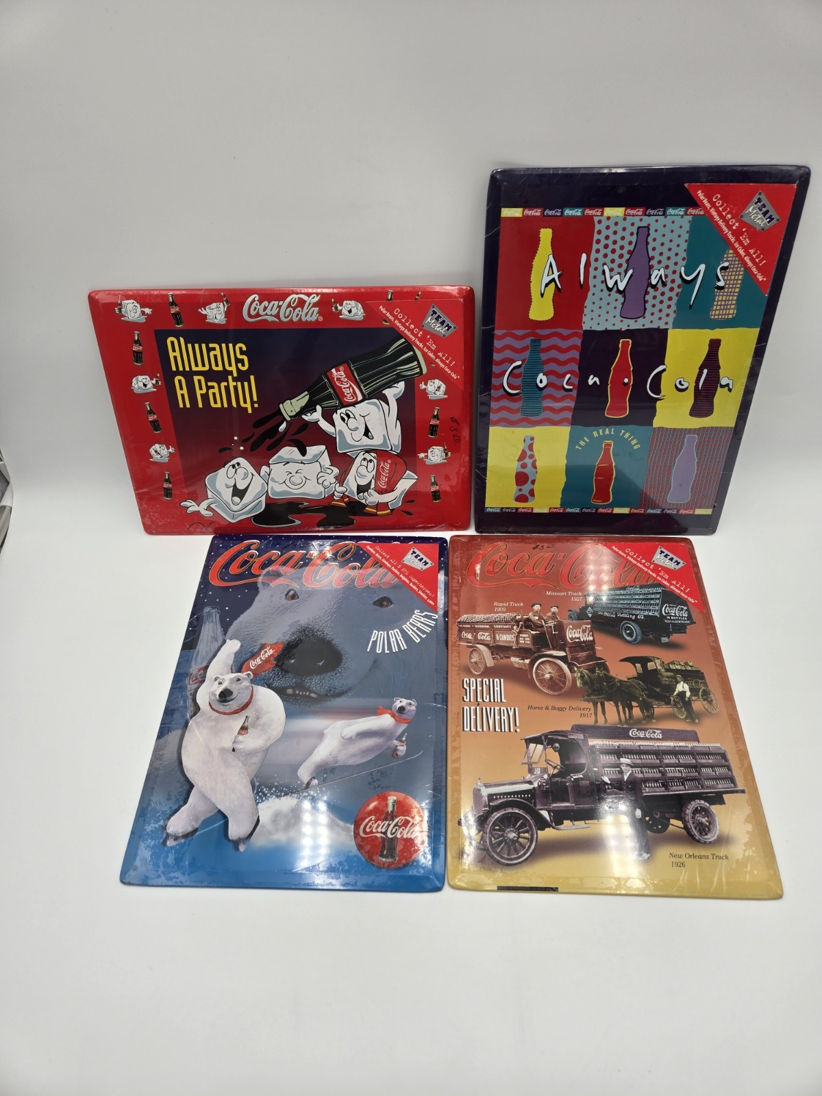 Vtg 1996 Coca Cola Team Metal Tin Sign Poster Lot of 4 Always Polar Bear (A3)