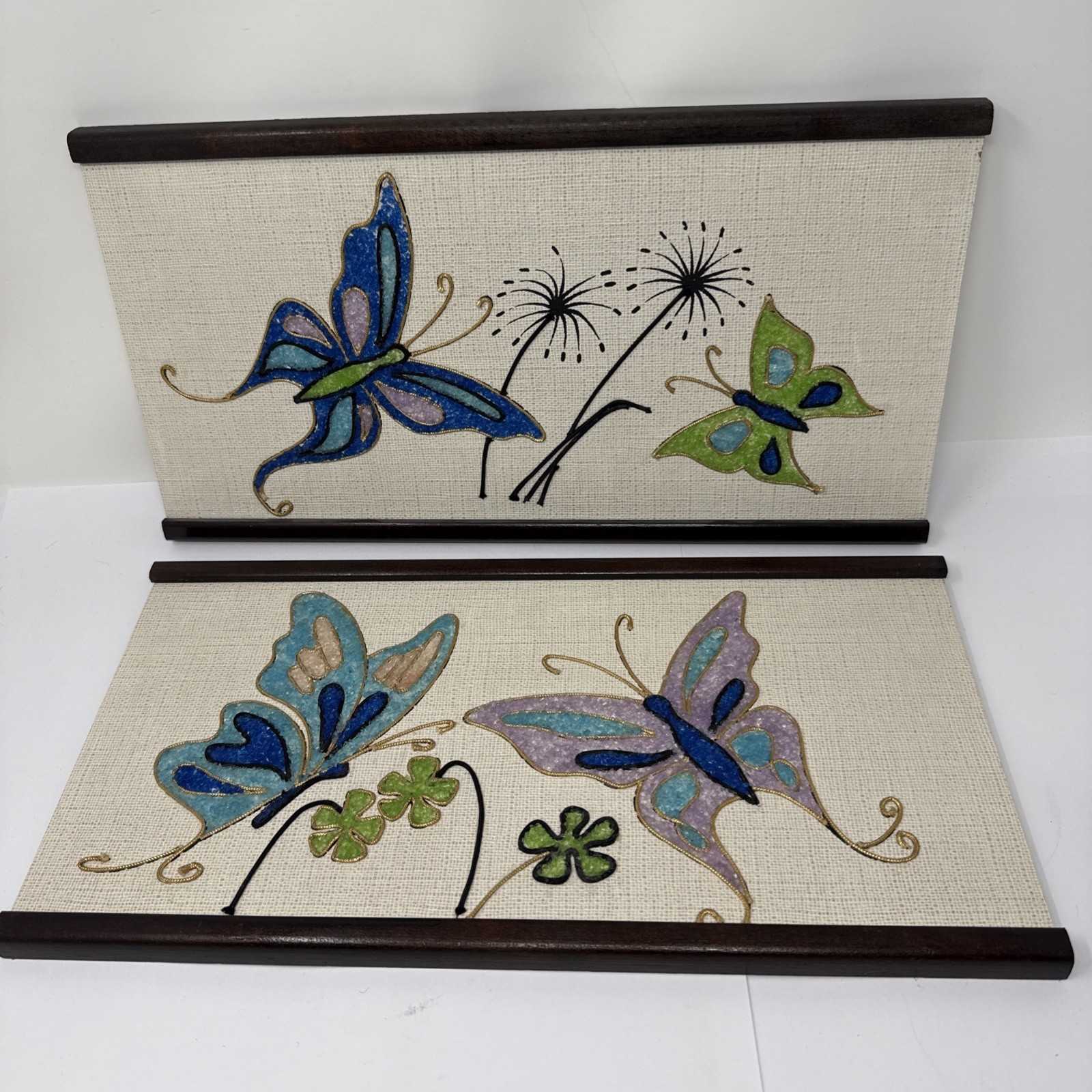 Vintage MCM 1960\'s Butterfly Gravel Art Wall Hanging Picturesque Set of 2