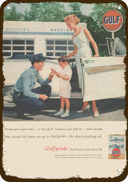 1957 GULF MOTOR OIL Gas Station Attendant VntgLook DECORATIVE REPLICA METAL SIGN