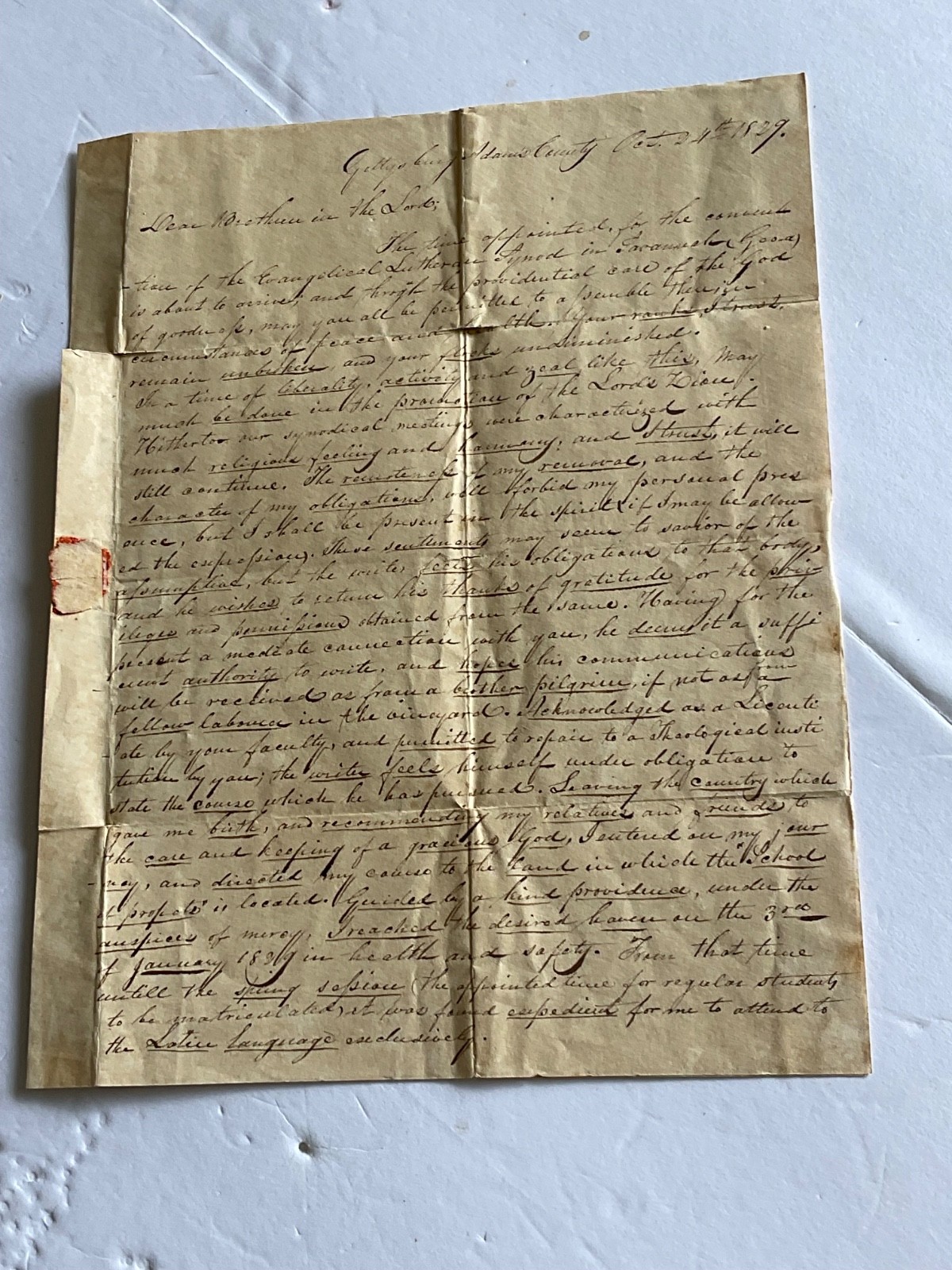 GETTYSBURG SEMINARY 1829 LETTER BY NOTABLE TEACHER JOHN C HOPE LUTHERAN 3 PAGES