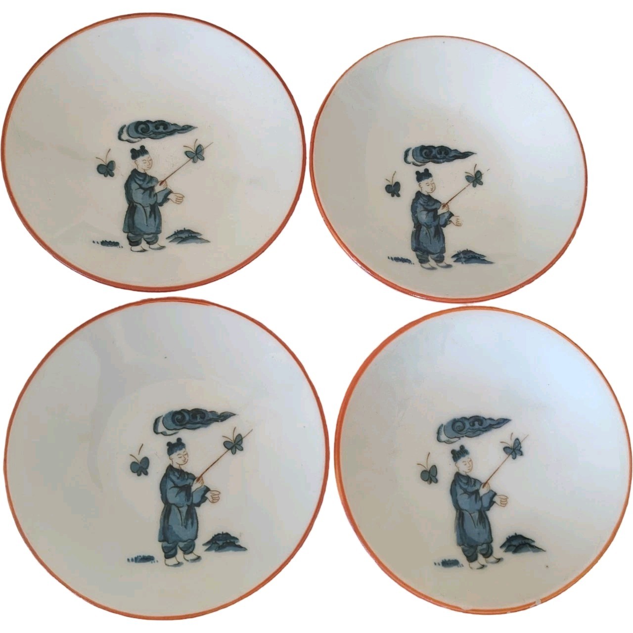 Set of 4 Vintage Chinese Porcelain Blue White Saucers Boy Butterfly Coral Rim