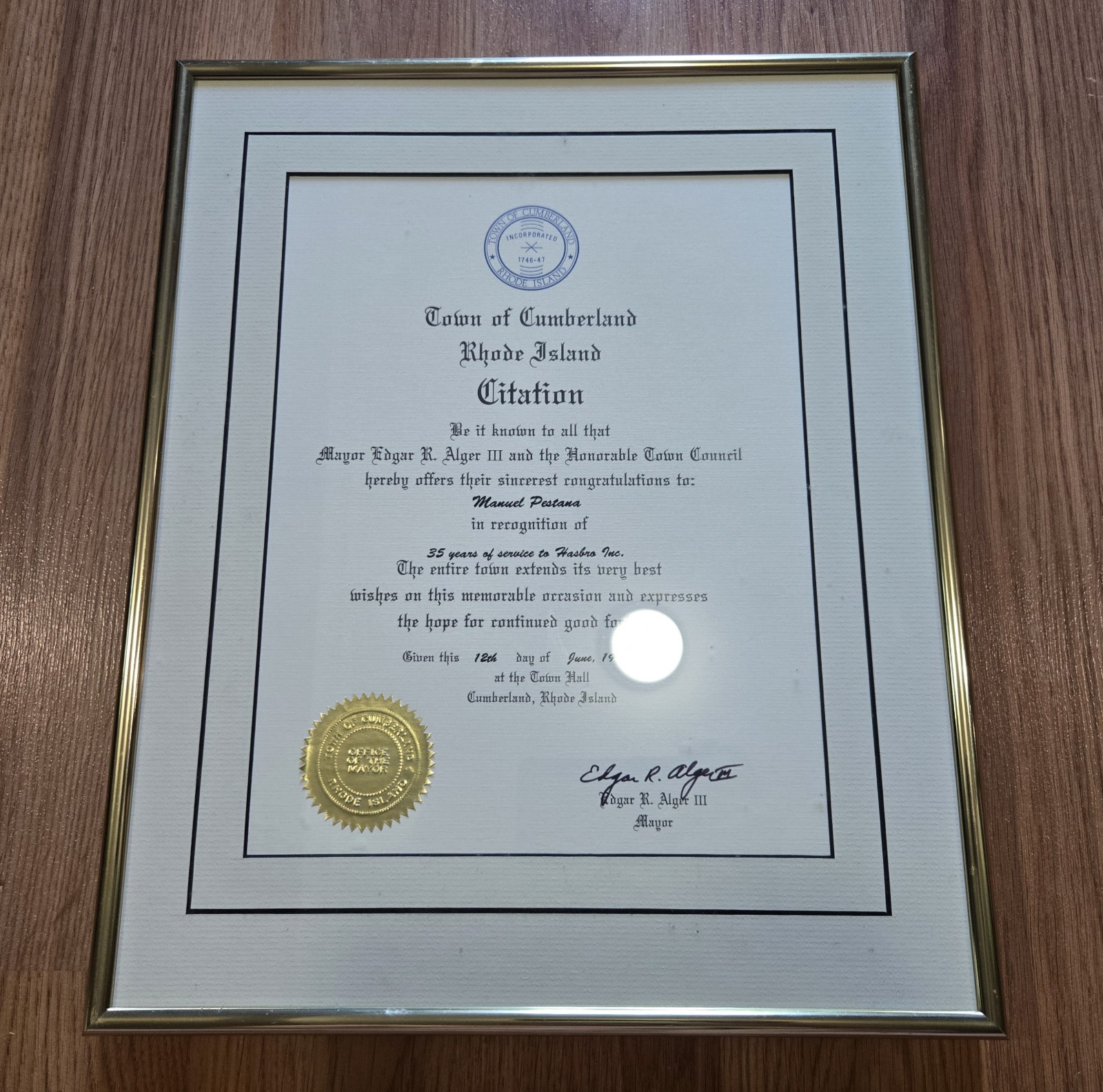 Hasbro Inc. 35 Years of Service Certificate Cumberland RI 1992 Edgar R. Alger