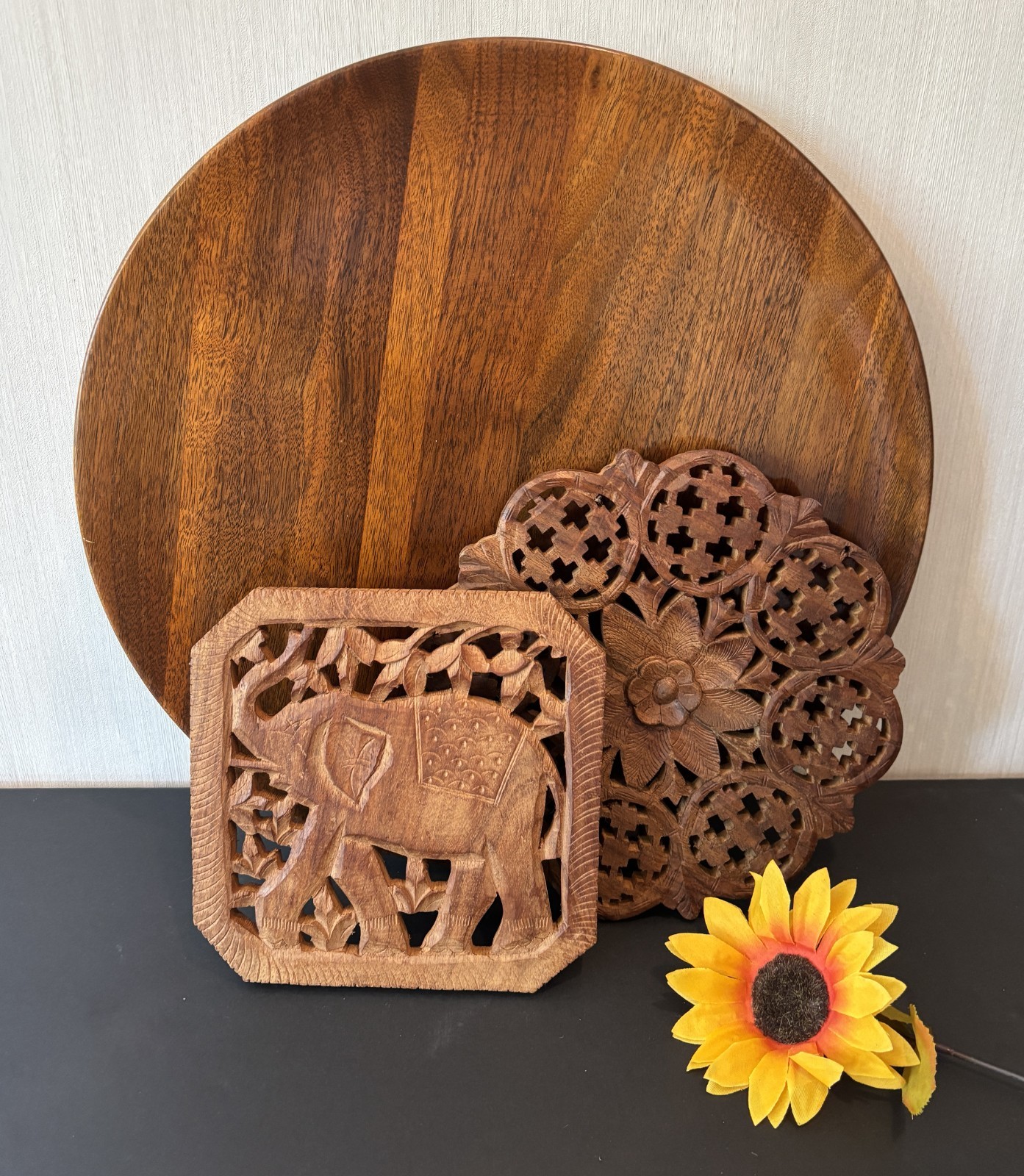 Vintage Mid Century Teak Wood Serving Tray Handcarved Trivets Woodlets Hot Plate