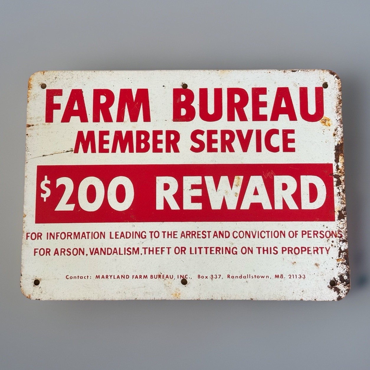 Vintage Farming Maryland Farm Bureau $200 Reward Metal Sign Randallstown
