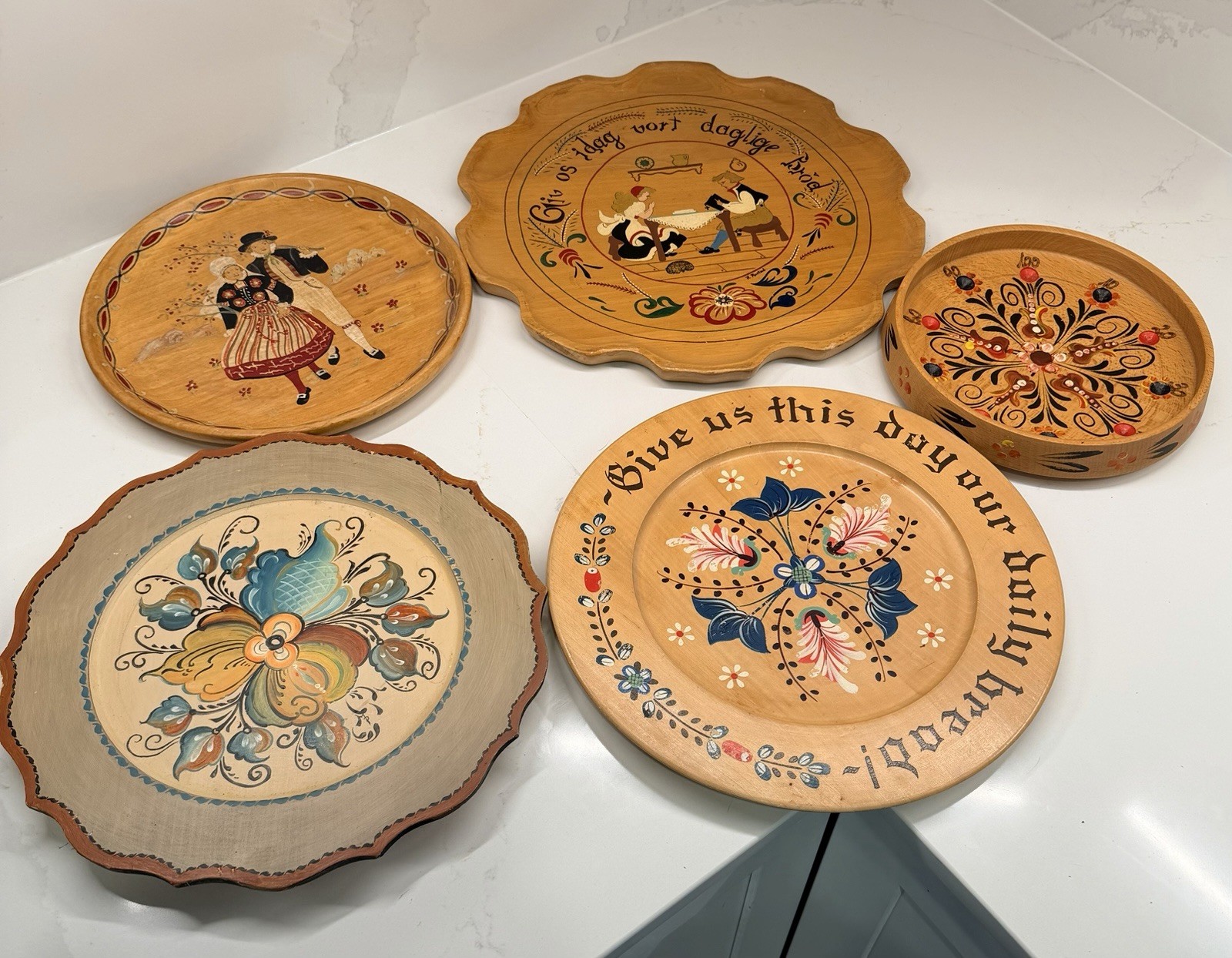 Vtg Scandinavian Rosemaling Hand Painted Wood Plates Lot 5 Norwegian Folk Art