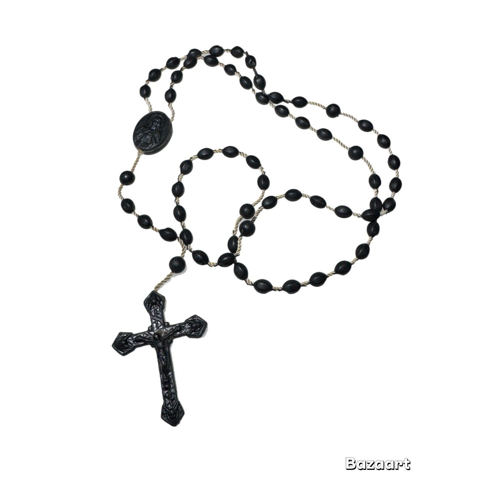Antique Victorian Gutta Percha Beads Rosary Miraculous Medallion Corded Italy