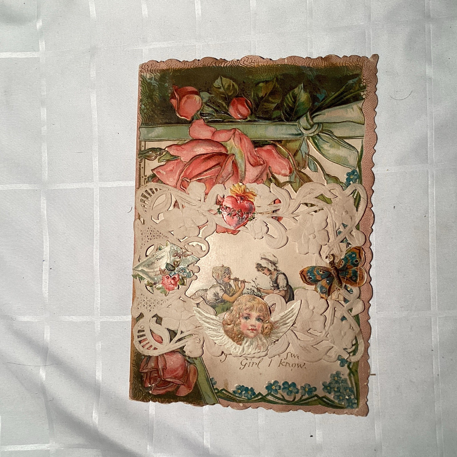 Vintage Victorian Embossed Die-Cut Lace Greeting Card Roses Cherub Poem