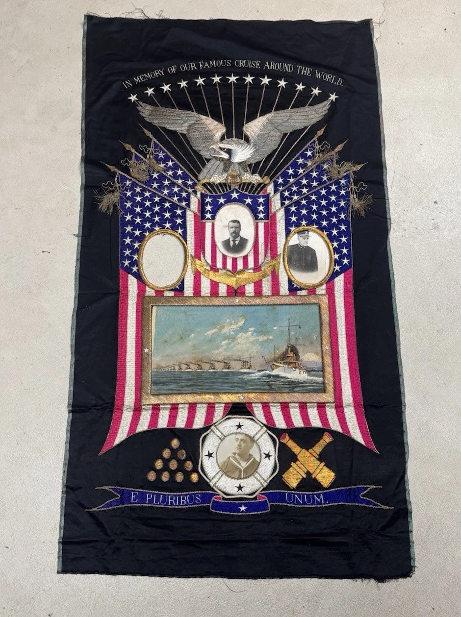 Very Rare 1908 US Navy Great White Fleet Japanese Souvenir Banner