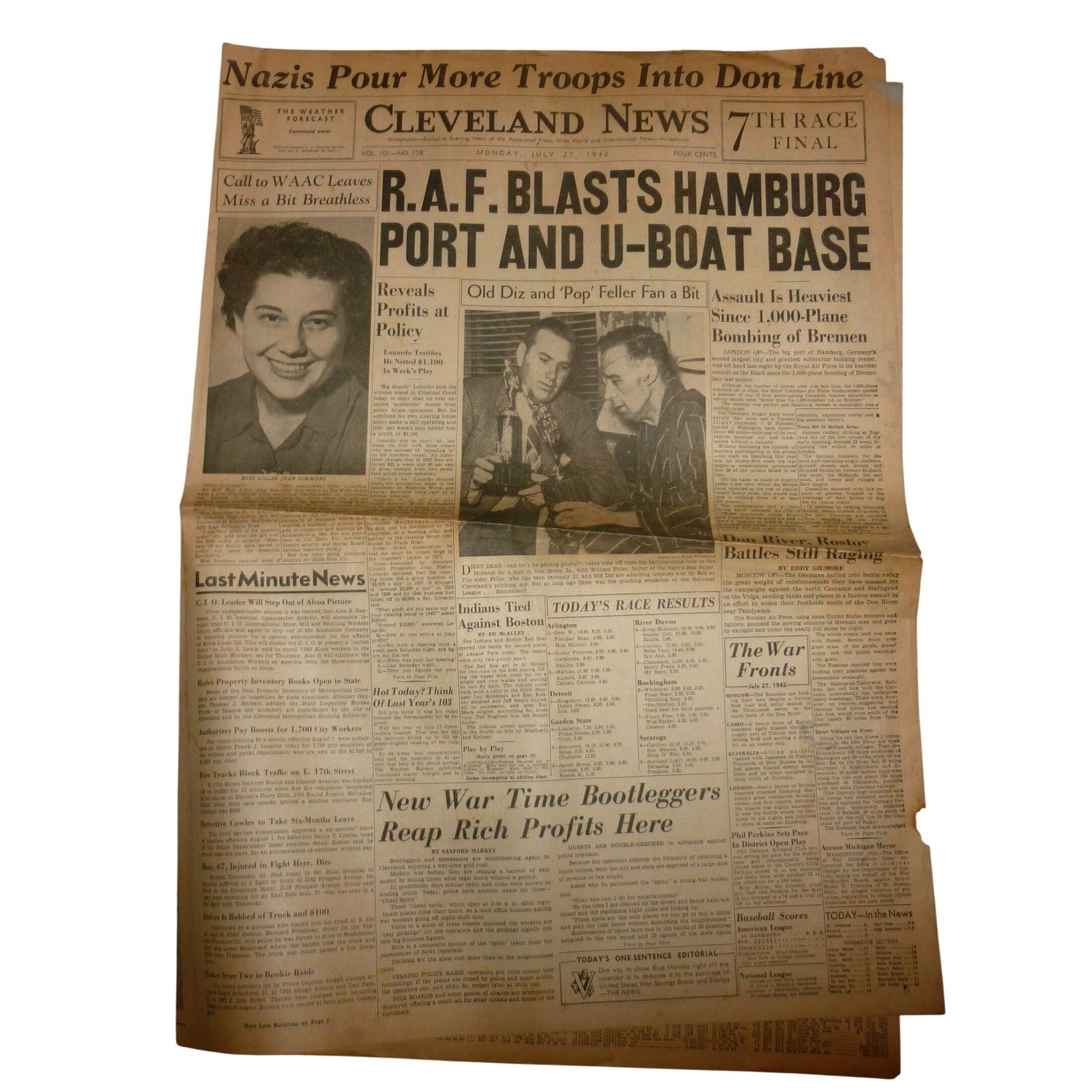 1942 Cleveland News Newspaper WWII RAF Hamburg Dizzy Dean Bob Feller Higbee