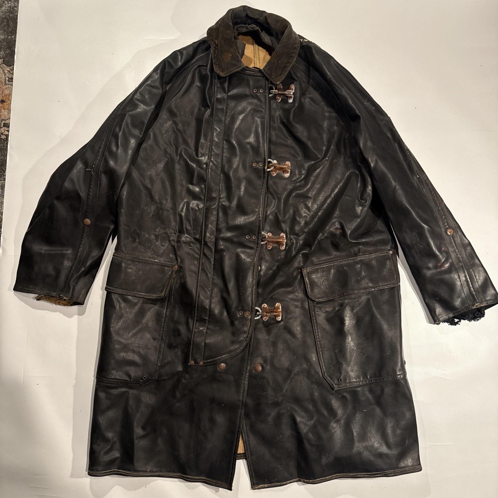 VTG Firefighters Coat Janesville Apparel Wis Rubberized Black Trench Coat 44 84