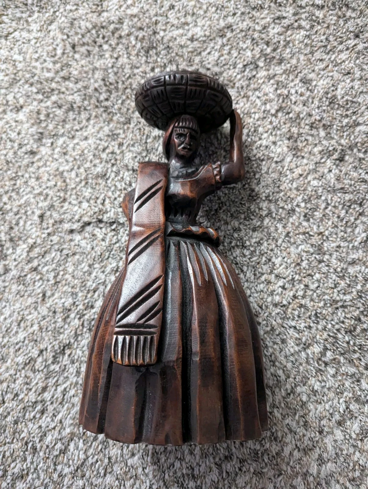 Vintage Hand Carved Wood Art Hand  Sculpture Woman Basket