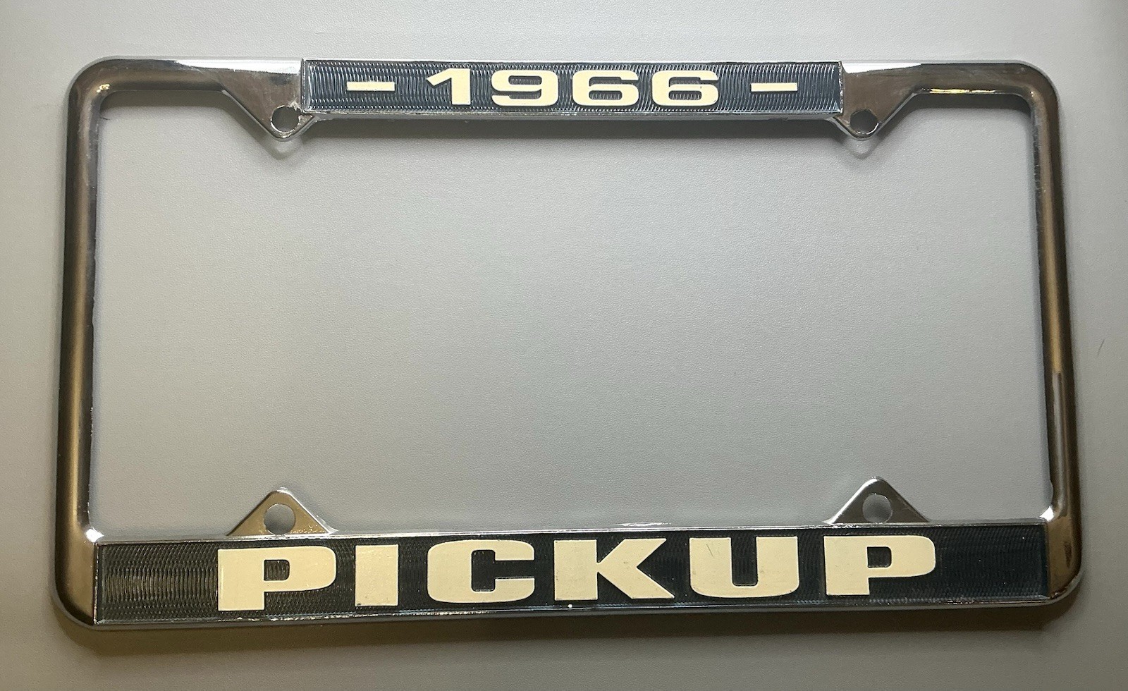 License Plate Frame 1966 PICKUP Metal Chrome Finish White Letters Purchased 1990