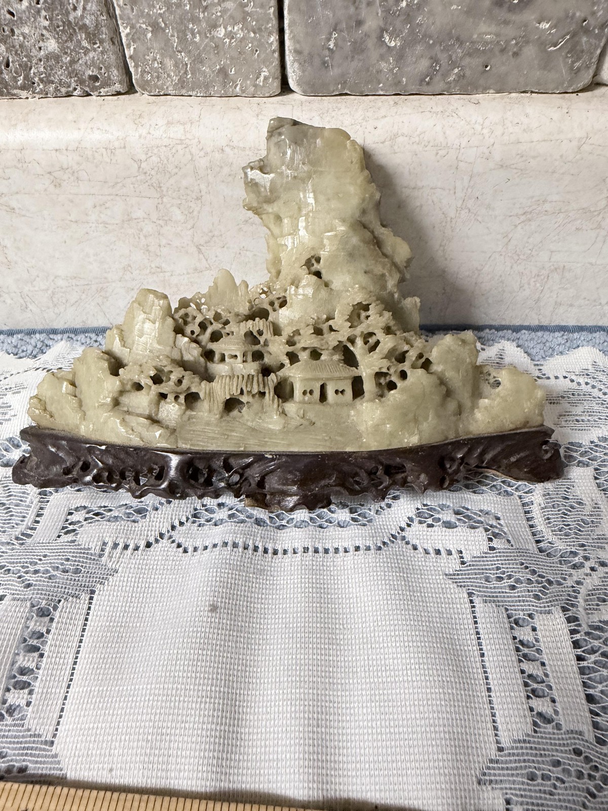 Hand Carved SoapStone Asian Village Sculpture Wood Base 6 x 5