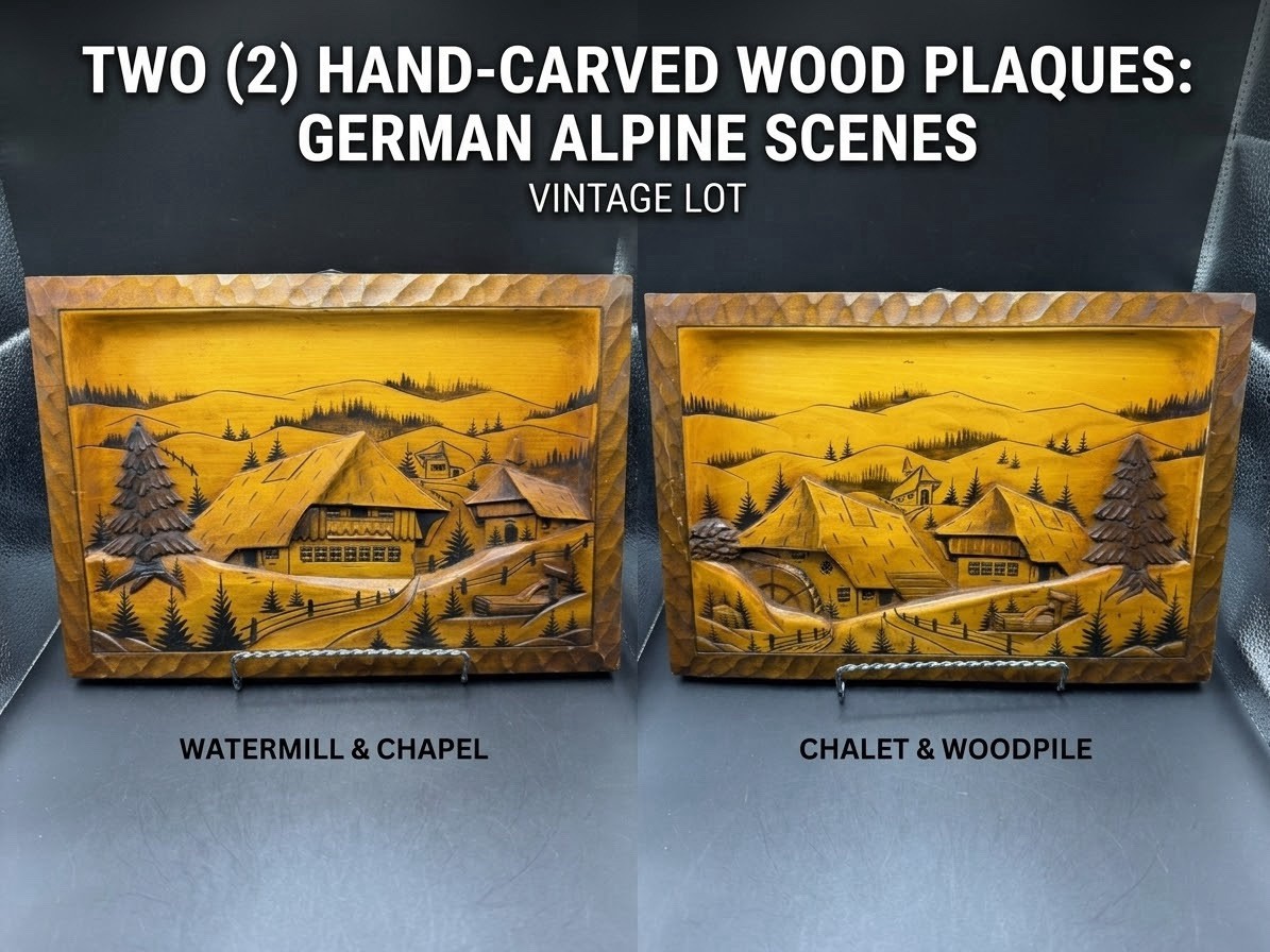 Vintage German Hand Carved Wood Relief Wall Plaques Alpine Chalet Lot of 2