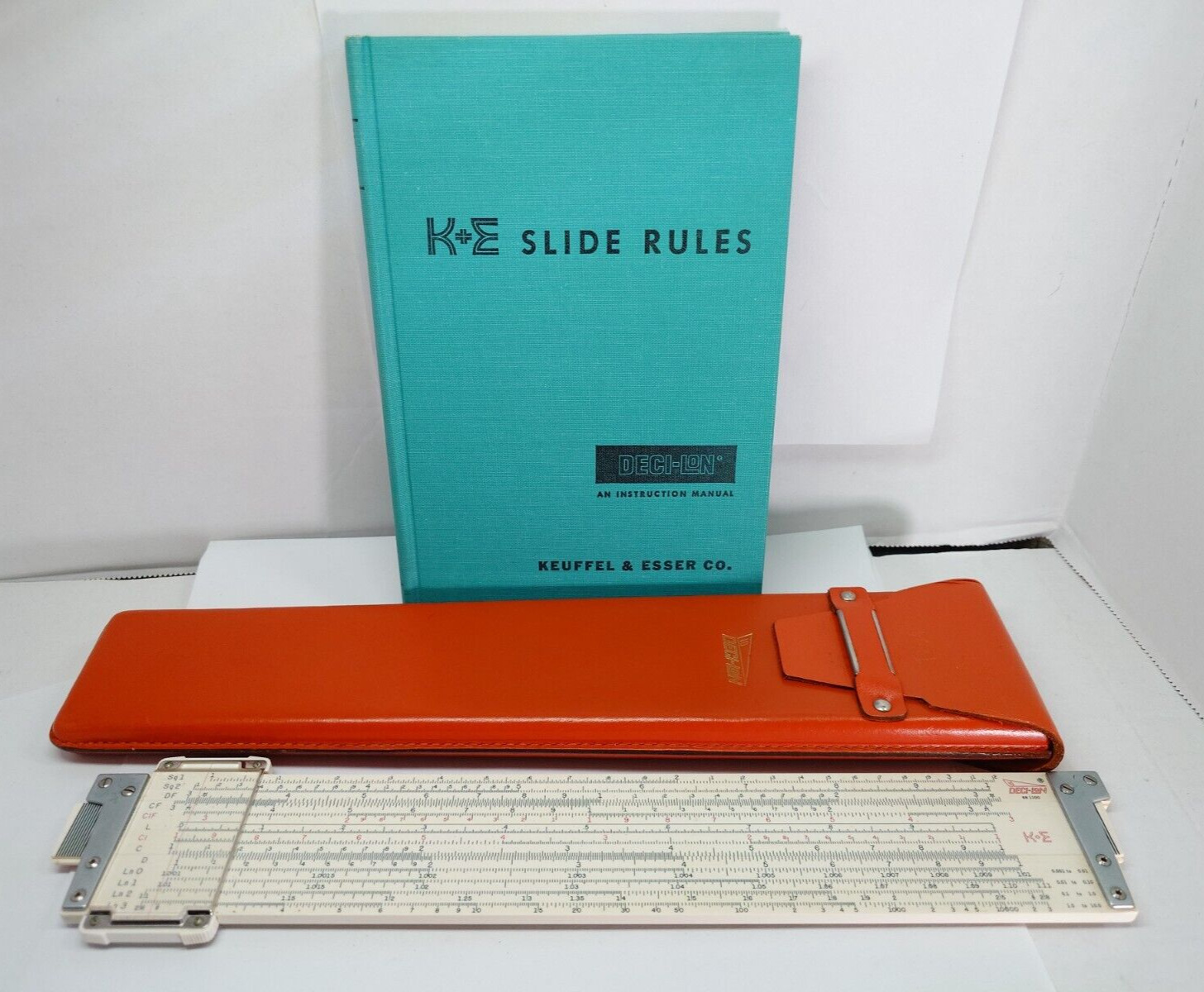 Vintage 1962 K E Slide Rule DECI-LON 10 68-1100 Leather Case Book Manual