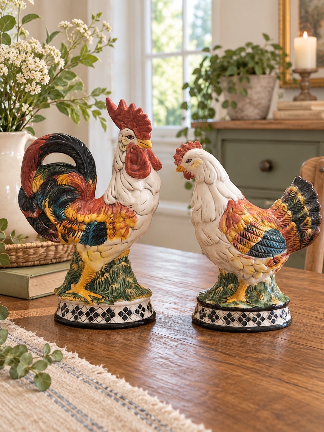 Vtg Large Rooster Hen Figurines Set Farmhouse Chicken Decor Country Kitchen Read
