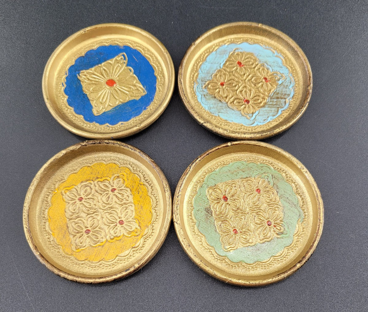 Vintage Italian Florentine Coasters Gold Gilt Wood Playing Card Suits Set of 4