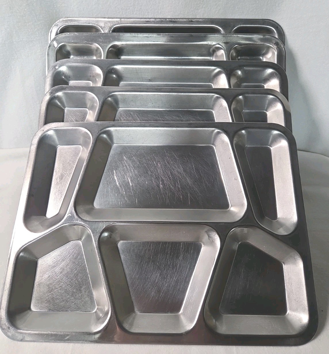 Lot Of 5 Vtg US Stainless Steel Military Mess Hall Food Trays Sectioned 1950s