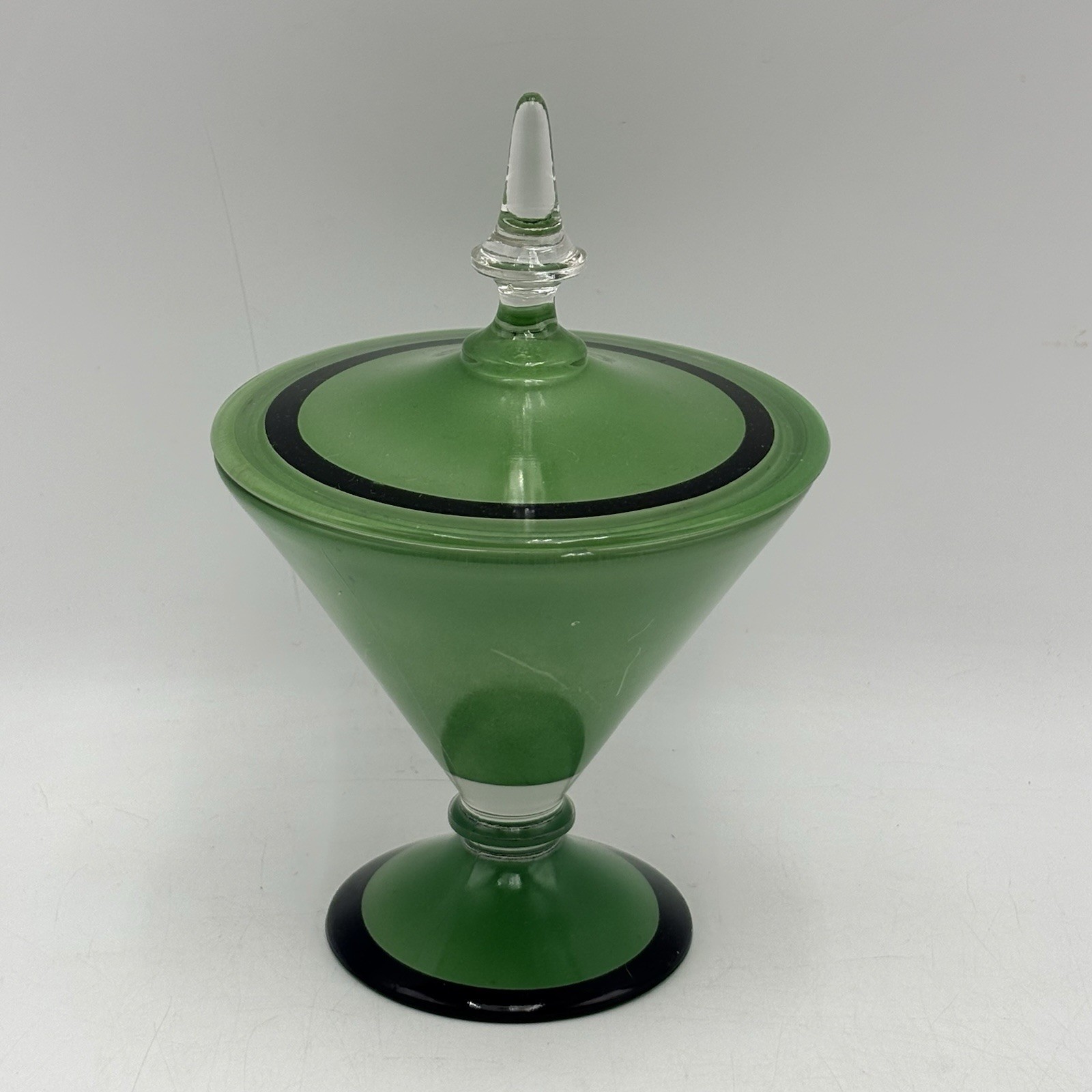 1960's Vintage Atomic MCM Black & Green Reverse Painted Compote or Candy w Lid