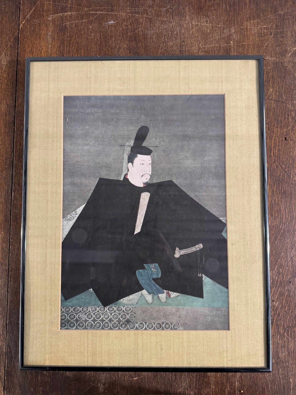 Vintage Japanese Nobleman Portrait Black Robe Framed Painting