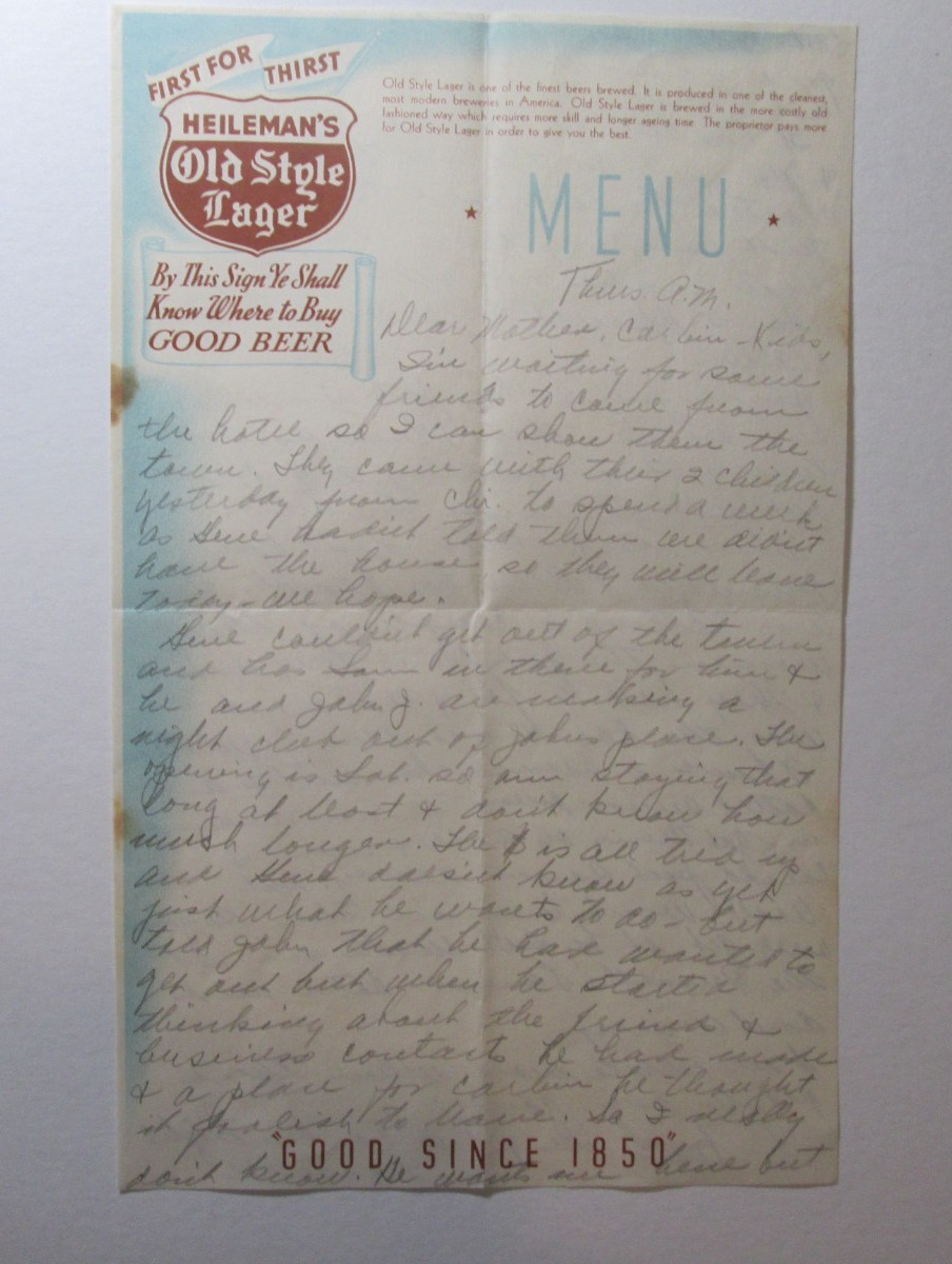 1941 VINTAGE HEILEMAN\'S OLD STYLE BEER PAPER MENU INSERT Hand Written Letter