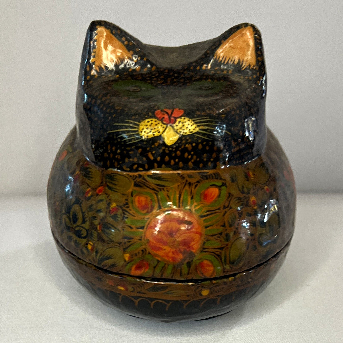 Vintage Hand-Painted Kashmiri Paper Mache Cat Trinket Box